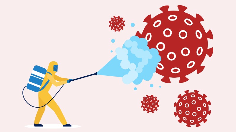 Un homme en combinaison de protection pulvérise des virus, vecteurs de maladies épidémiques